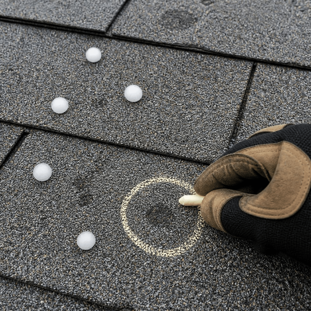 Roofer marking hail strikes where granules are missing on asphalt shingles after a Shreveport hail storm