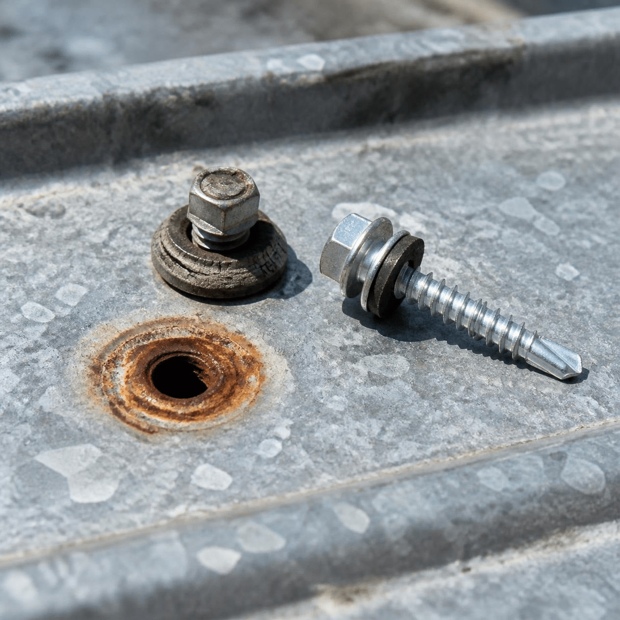 Loose screw and empty screw hole on a metal roof panel, a common leak source after storms