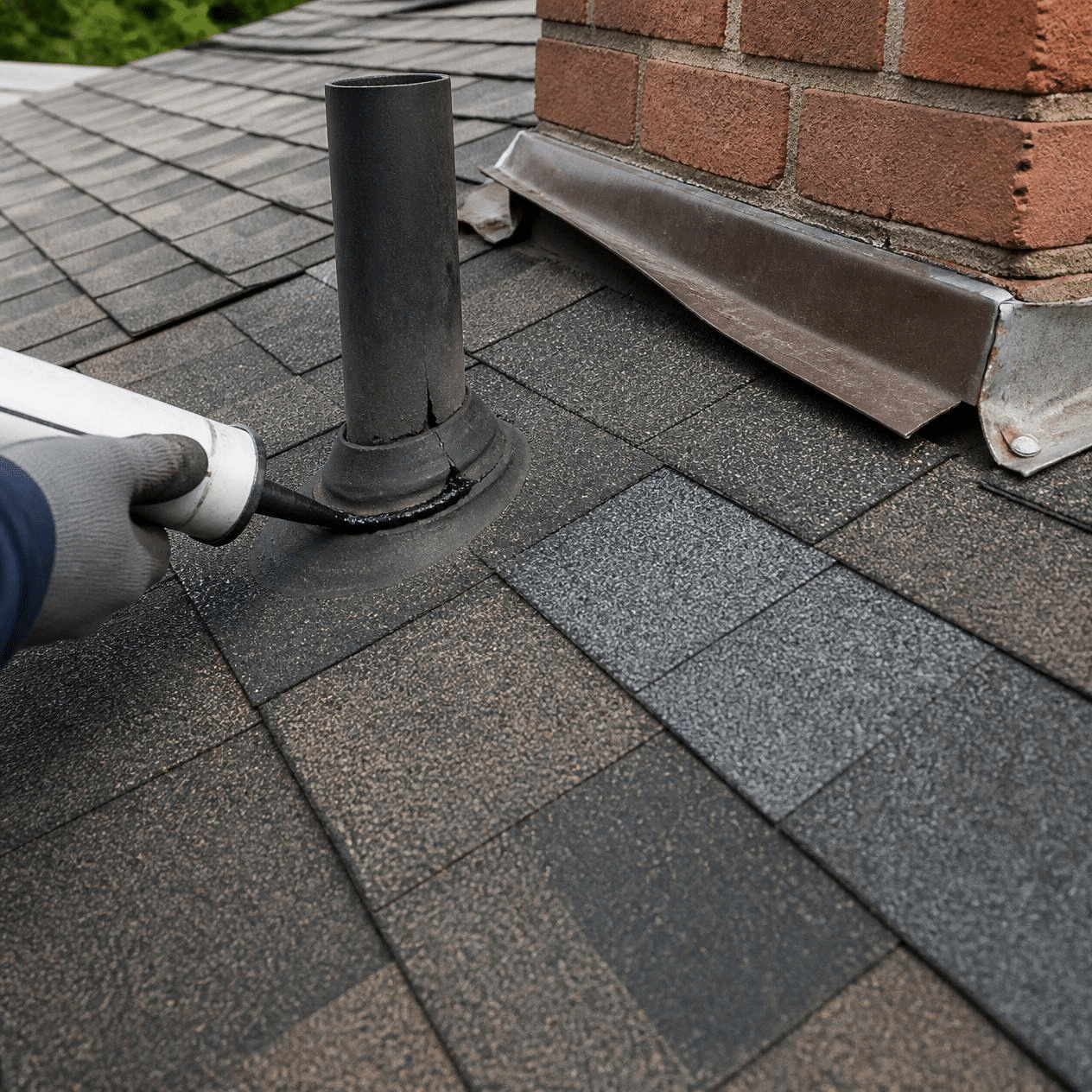Roofer sealing a cracked pipe boot and replacing damaged shingles, common roof repairs in Shreveport