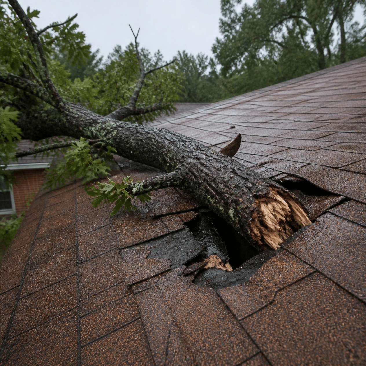 Fallen tree branch puncturing a shingle roof after Shreveport storm damage