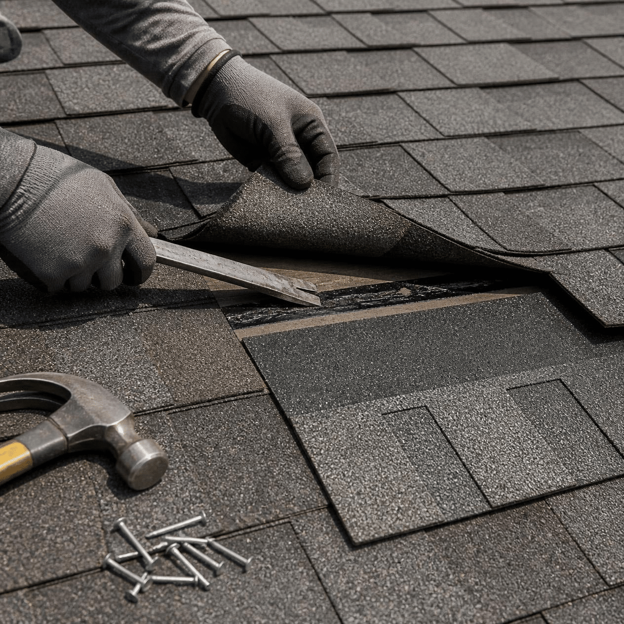 Roofer's gloved hands using a pry bar to replace a damaged asphalt shingle during a roof leak repair in Shreveport