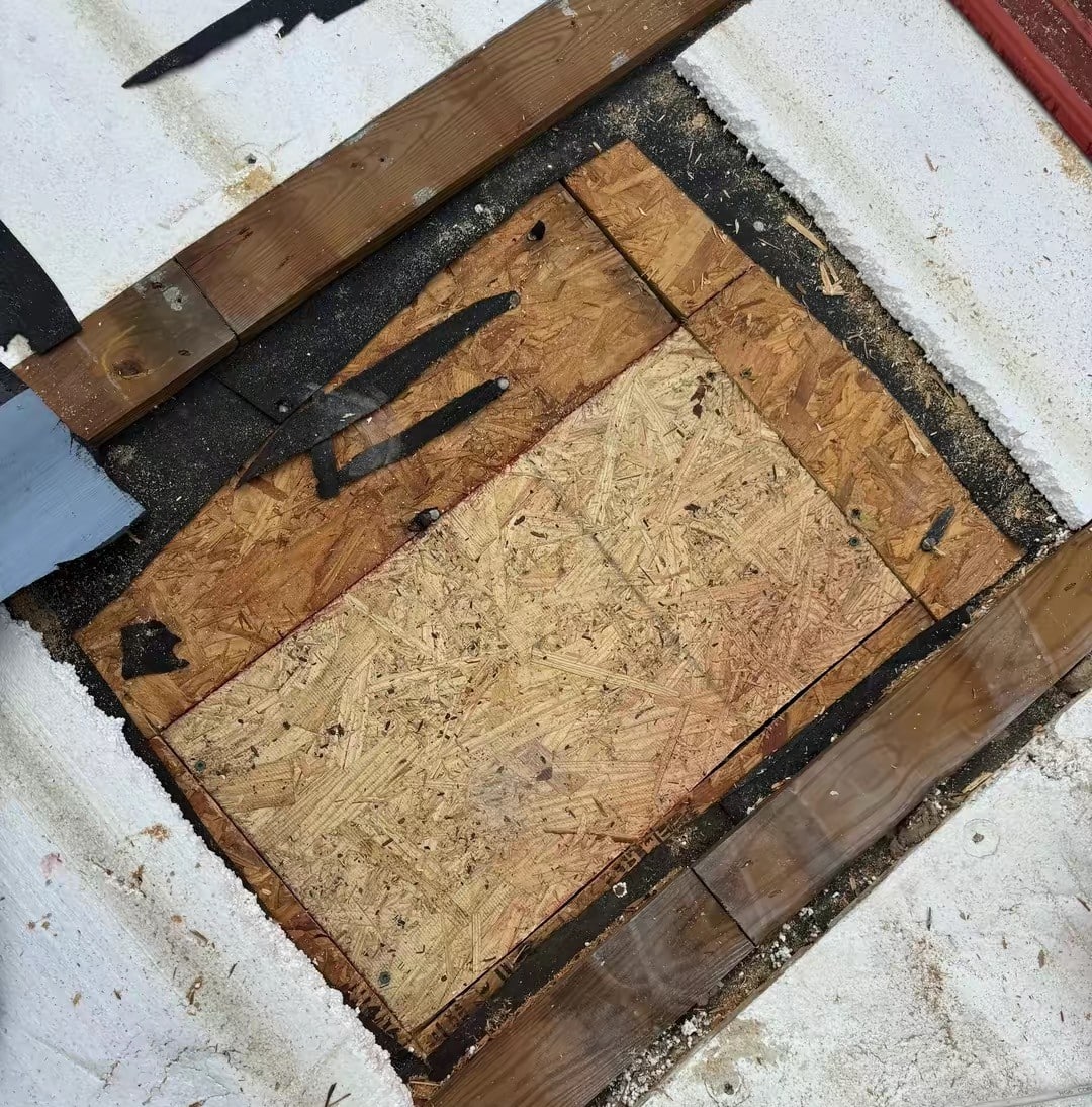 New OSB roof decking exposed after removing shingles and underlayment during a Blue Note Pros roof repair in Shreveport