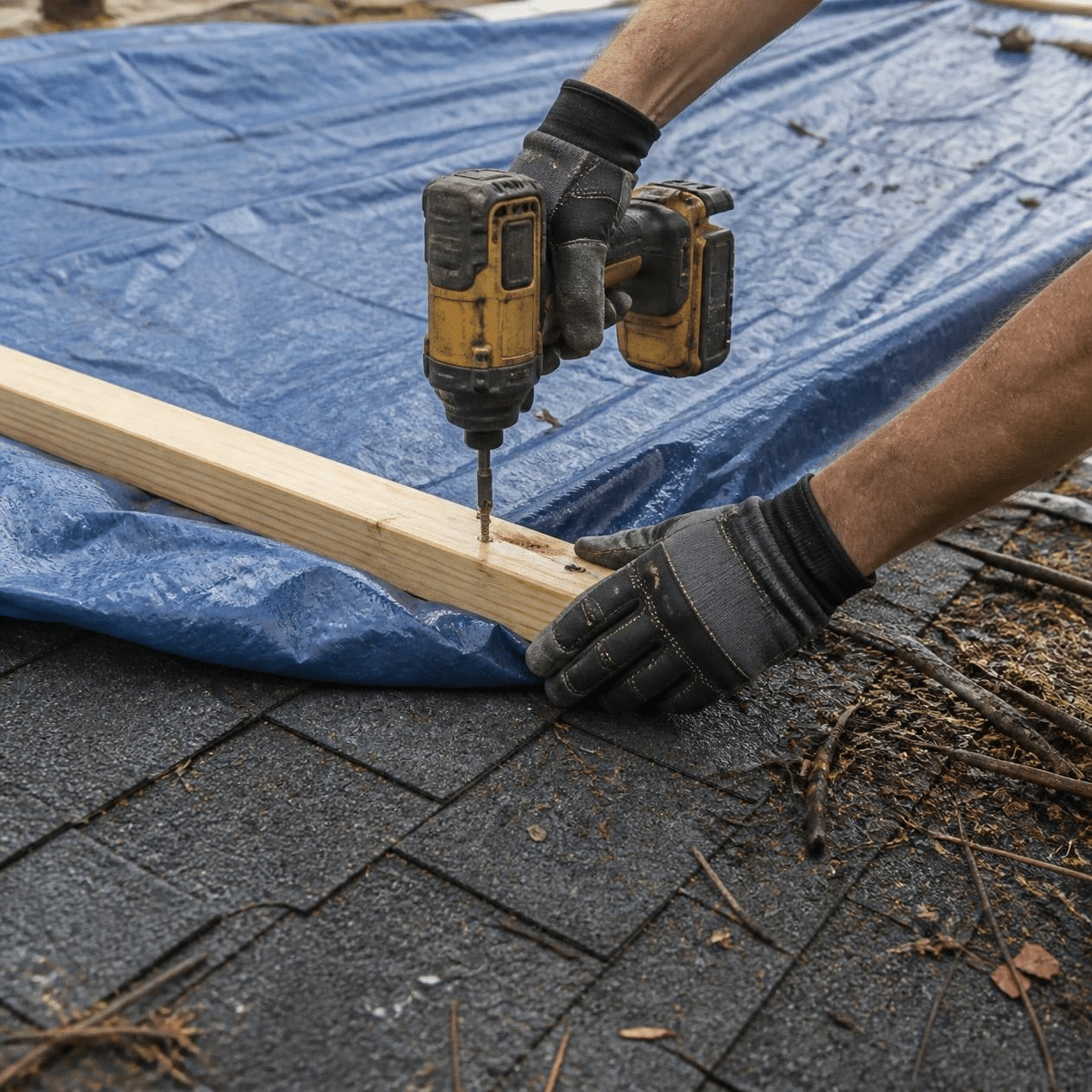 Roofer fastening a 2x4 board over the edge of a blue roof tarp after a storm