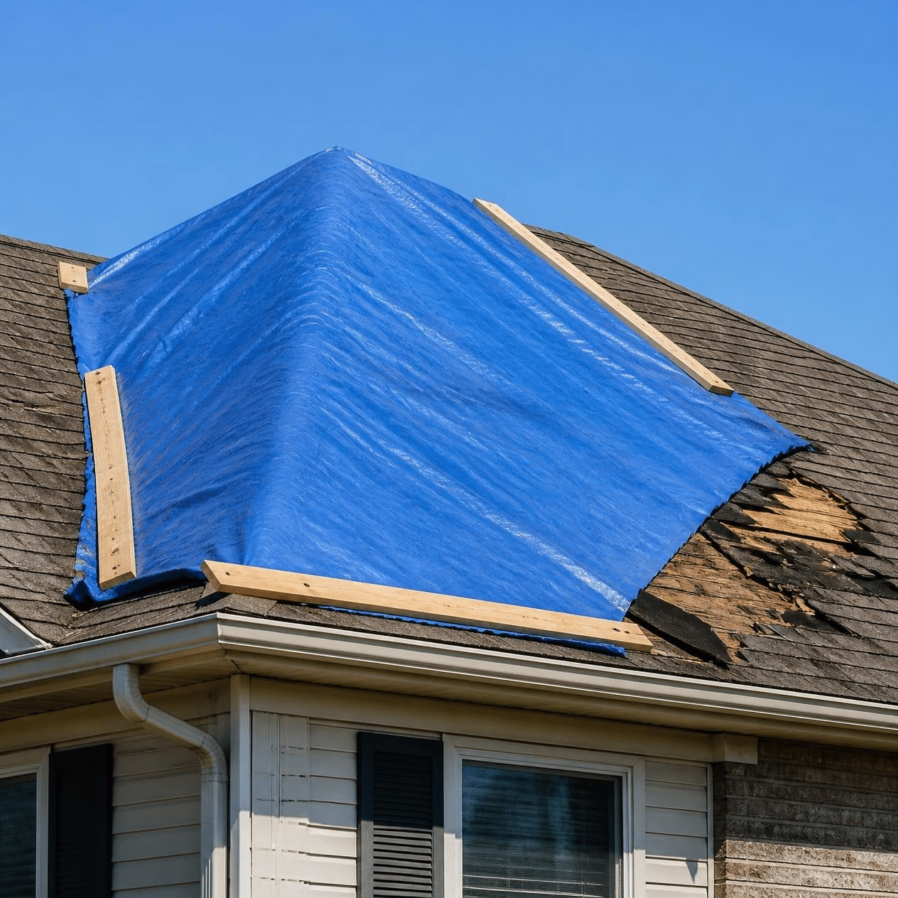 Blue tarp secured with 2x4 boards over a storm-damaged asphalt shingle roof in Shreveport