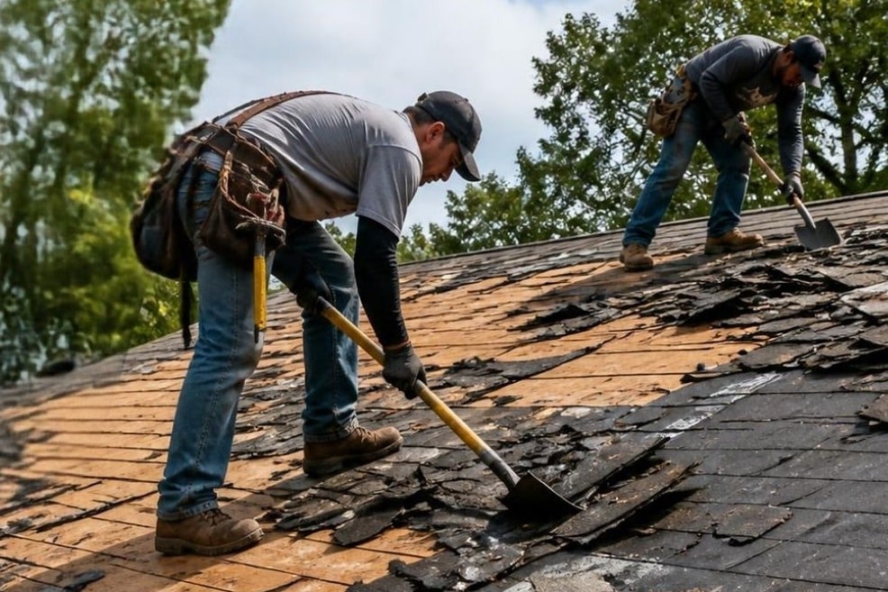 Roofing crew tearing off old shingle layers down to the underlayment on a brick home