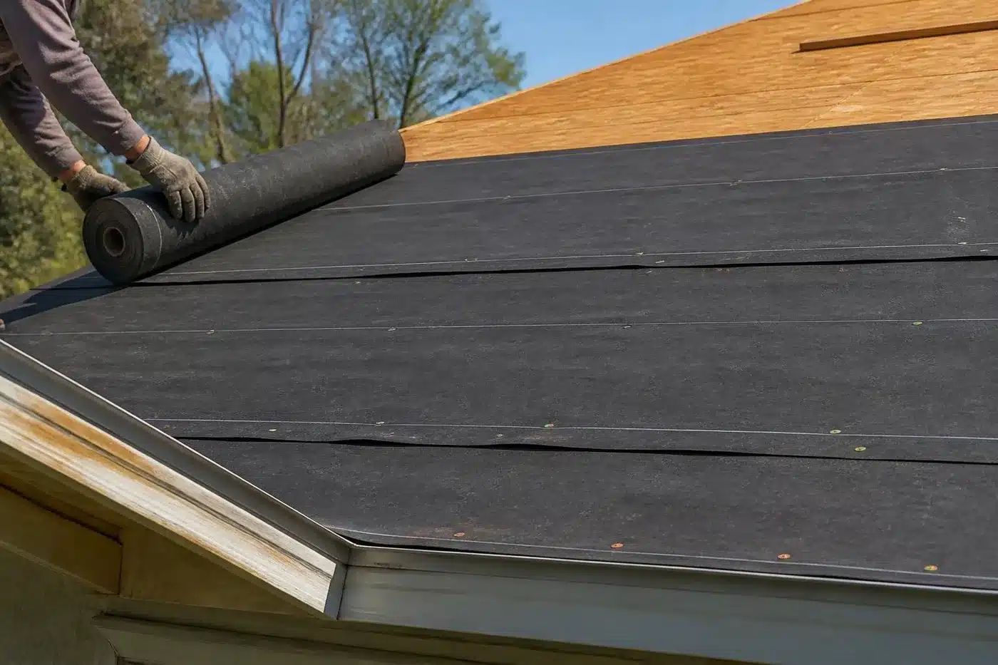 Roofer rolling out felt underlayment on a Shreveport home