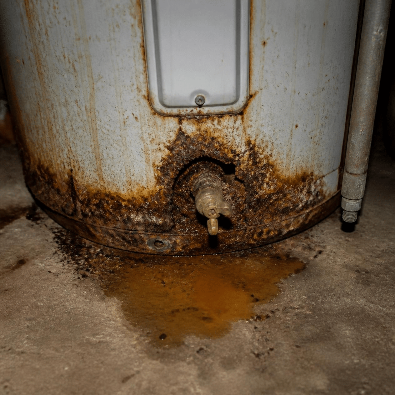 Rusted, leaking tank water heater base, a sign it is time for water heater replacement
